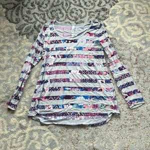 Lularoe Lynnae Long Sleeve Top Floral Stripes Gray Medium